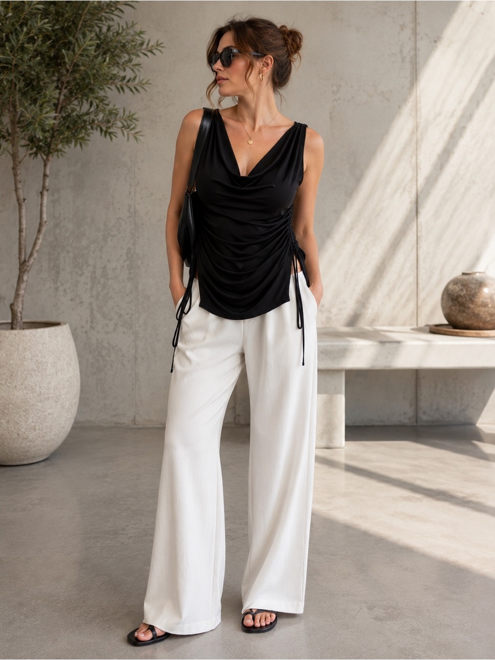 Cinq à Sept Black Ruched Cowl Neck Tank Top XL Built In Shelf Bra